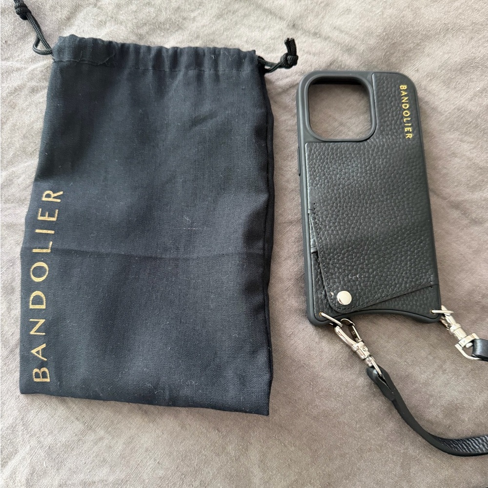 Iphone 14 pro - Bandolier black leather crossbody phone case set.